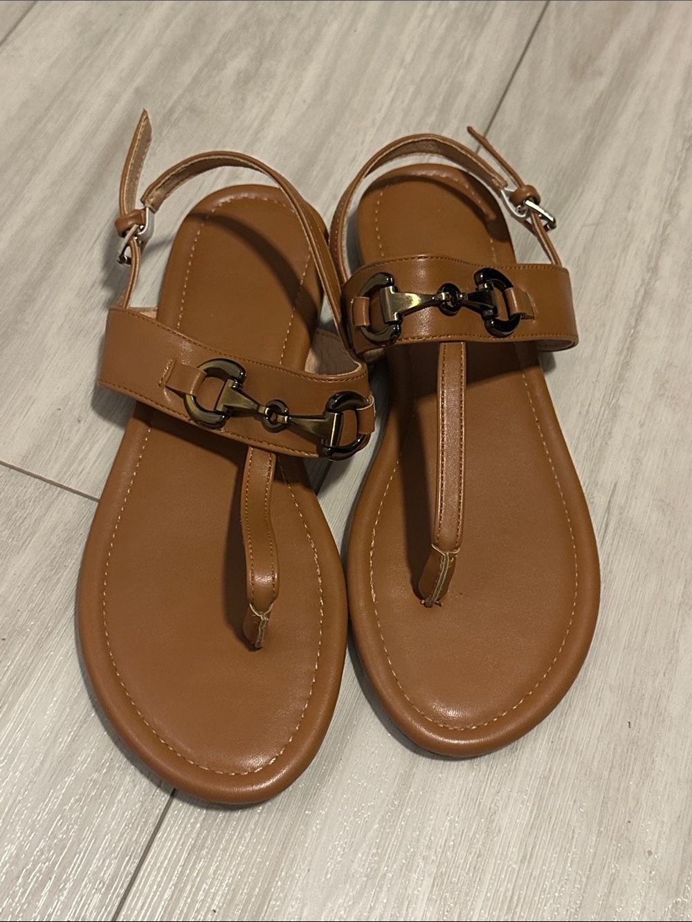 Women's Tan T-Strap Sandals with Metal Bit Detail